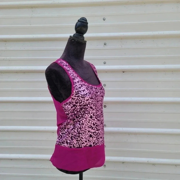 Living Doll Fushia Purple Pink Sequin Sheer Tank Top Zipper Back Soft Shiny sz L - Picture 3 of 10